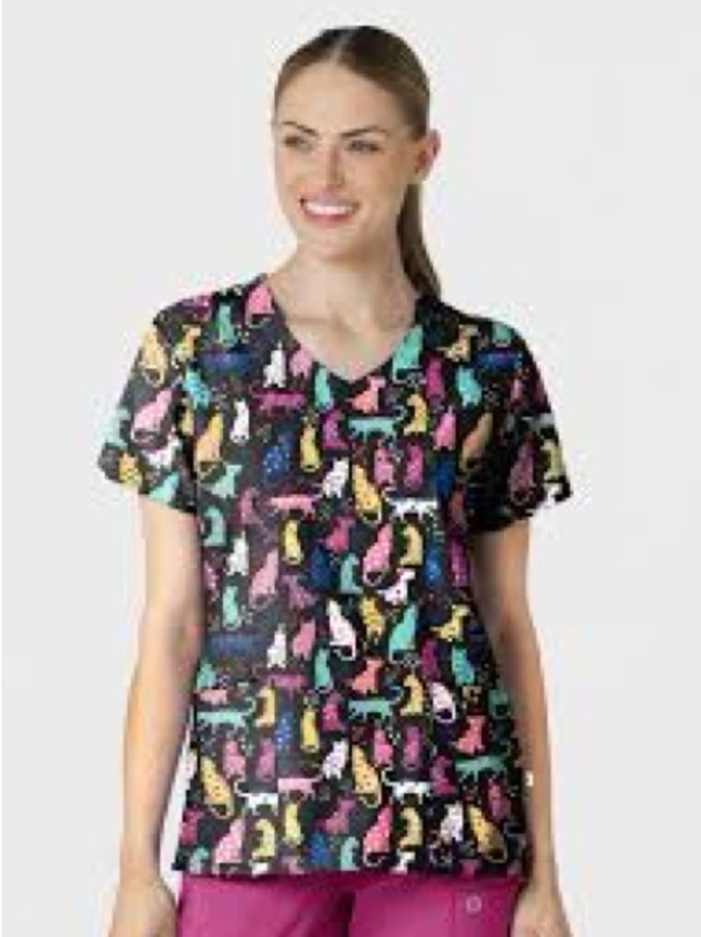Wink Black Scrub Top with Multicolor Cats & Dogs Print Darling Dots